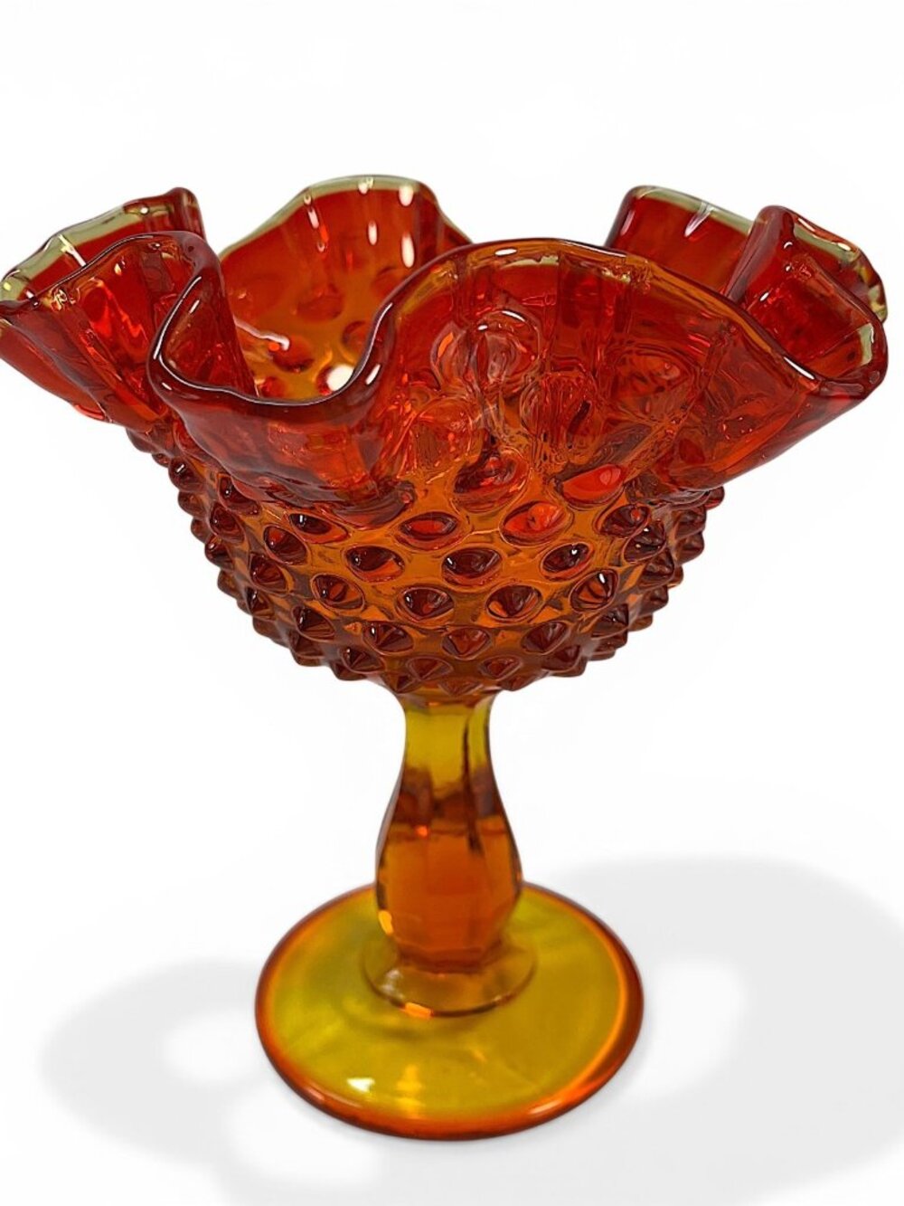 Fenton Amberina Hobnail Glass Ruffled Orange Gradient Compote Footed Candy Dish